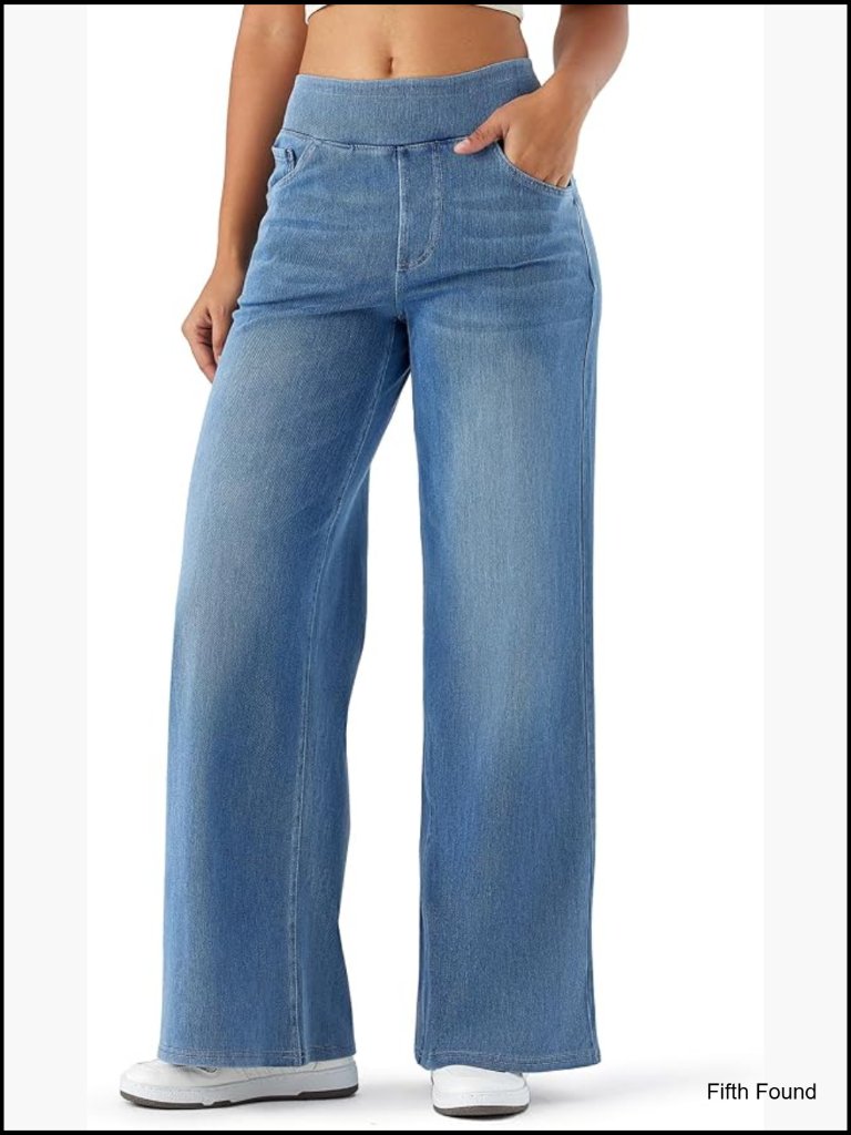 High Waisted Wide Leg Pull On Jeans Stretchy Knit Denim 5 Pockets